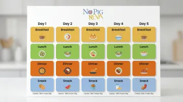 5-day vegan meal plan overview table with breakfast lunch dinner and snacks