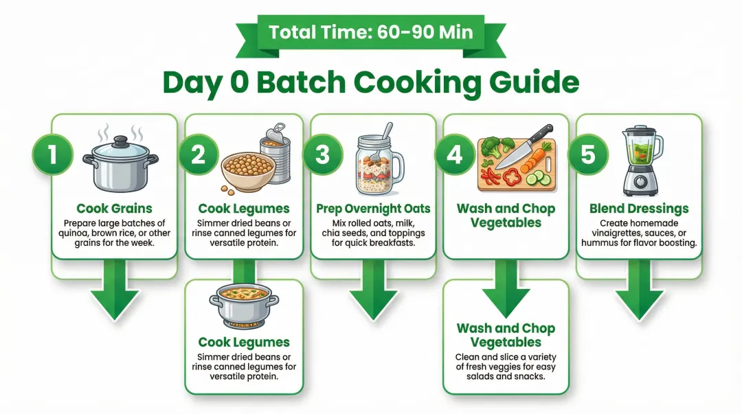 5-step Day Zero vegan batch cooking prep checklist process flow