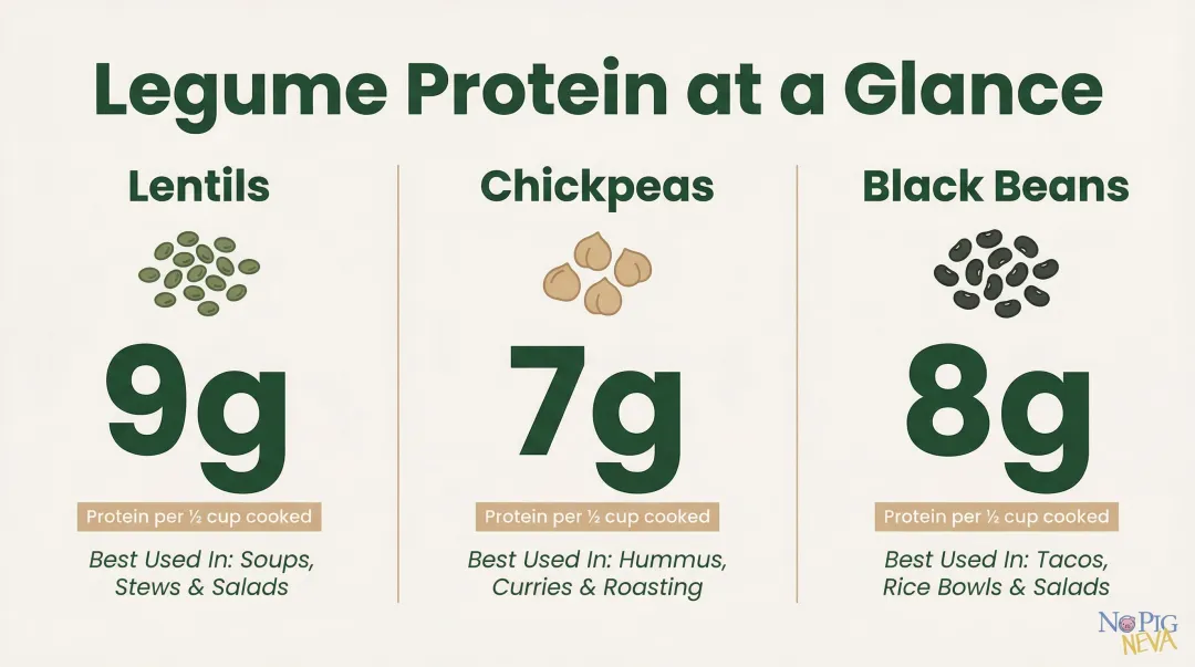 Top three vegan legume protein sources comparison chart with serving sizes