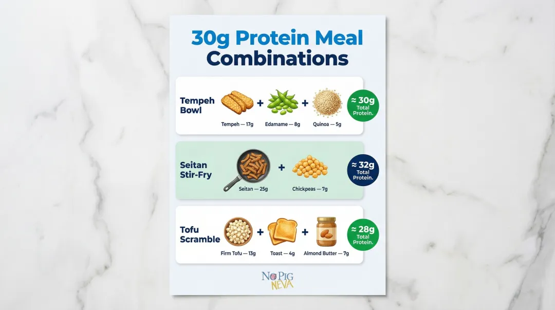Three high-protein vegan meal combinations reaching 30 grams per meal