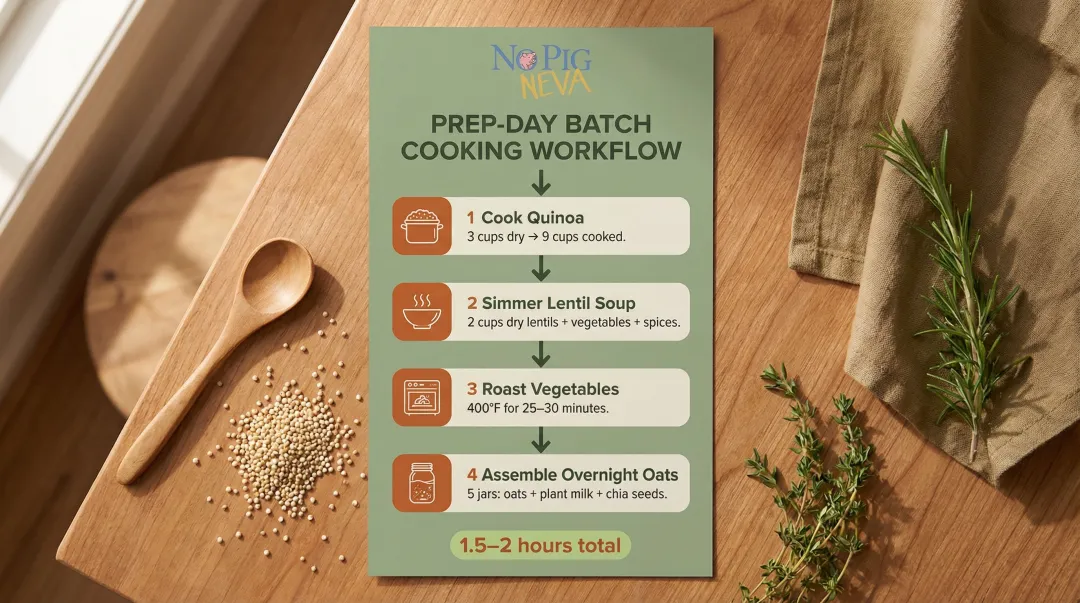 4-step vegan meal prep batch cooking workflow from grains to overnight oats