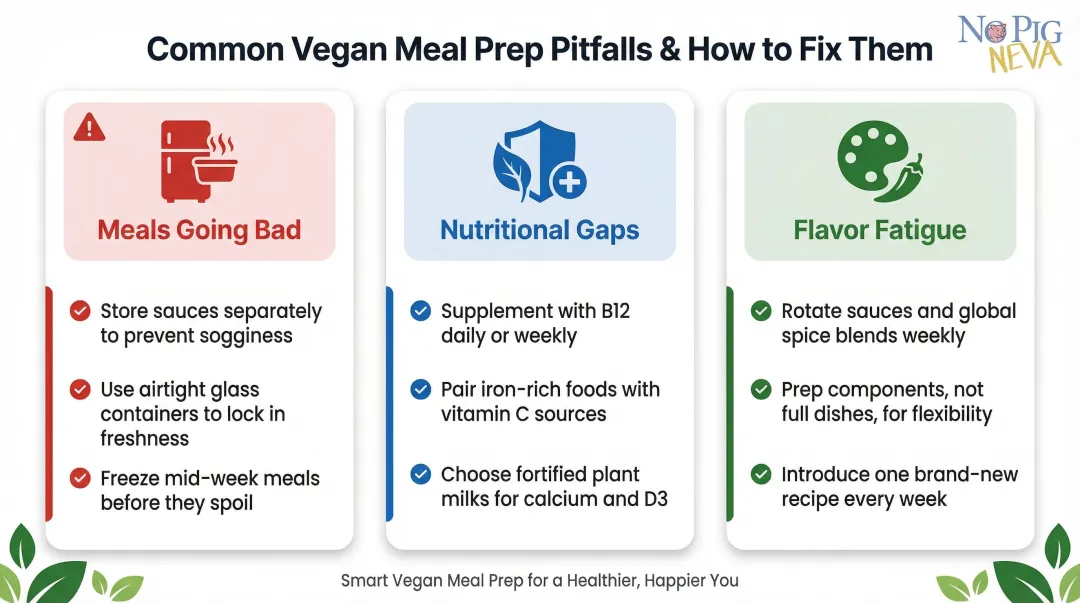 Three common vegan meal prep challenges with practical solutions side by side