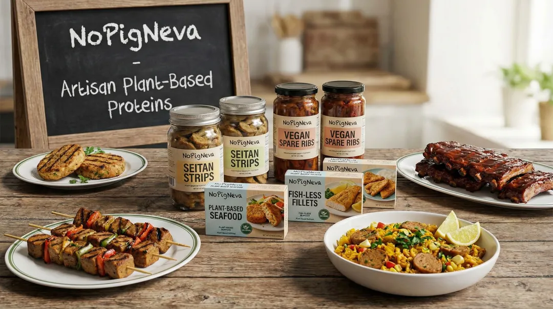 NoPigNeva specialty vegan protein products including seitan spare ribs and plant-based seafood