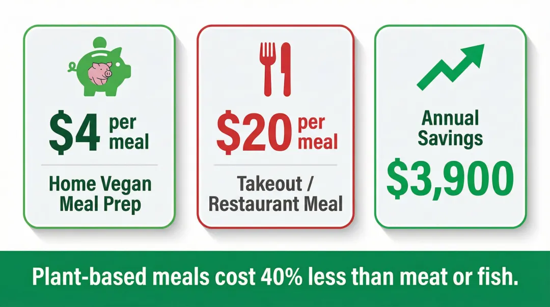 Vegan meal prep cost savings versus takeout and meat-based meals comparison infographic