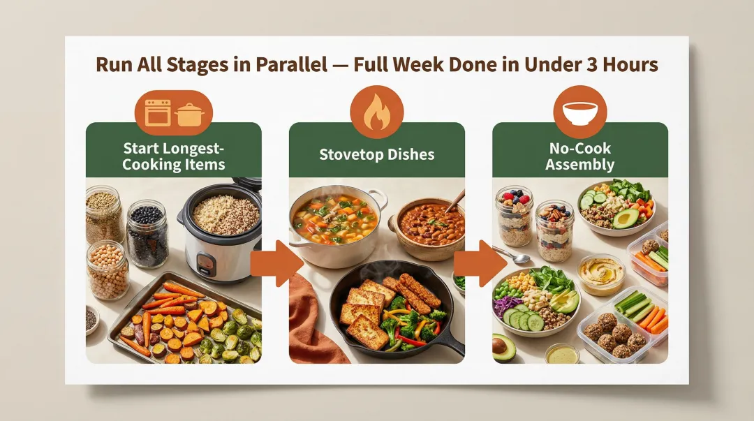 Three-stage vegan meal prep cooking sequence process flow infographic