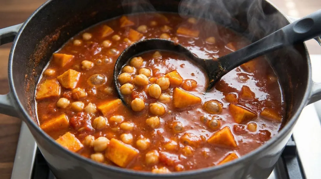 Large batch vegan chickpea chili simmering in pot on stovetop