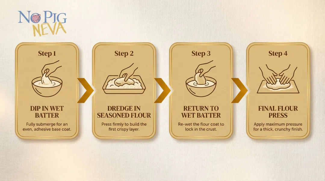 4-step double-dredge vegan chicken coating technique process flow diagram
