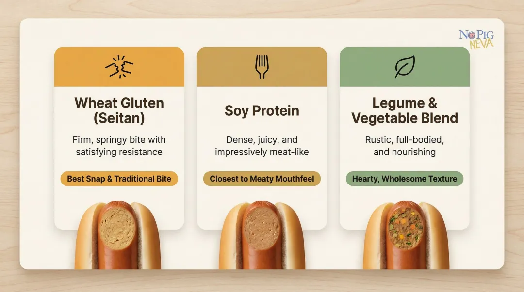 Three plant-based hot dog protein base types comparison texture and flavor infographic