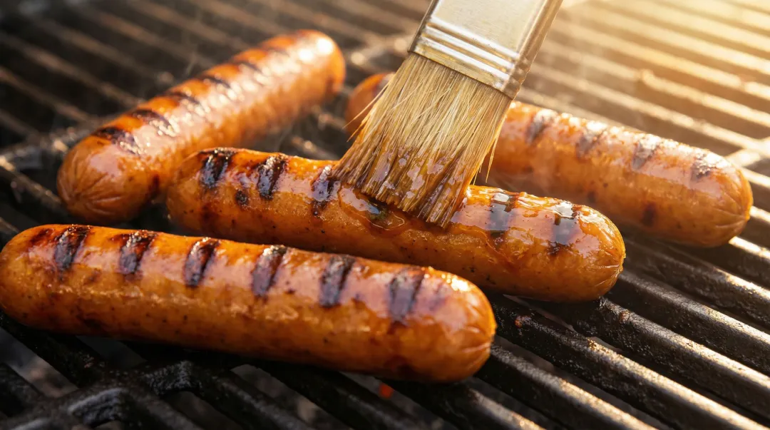 Field Roast plant-based frankfurters grilling with char marks on outdoor grill