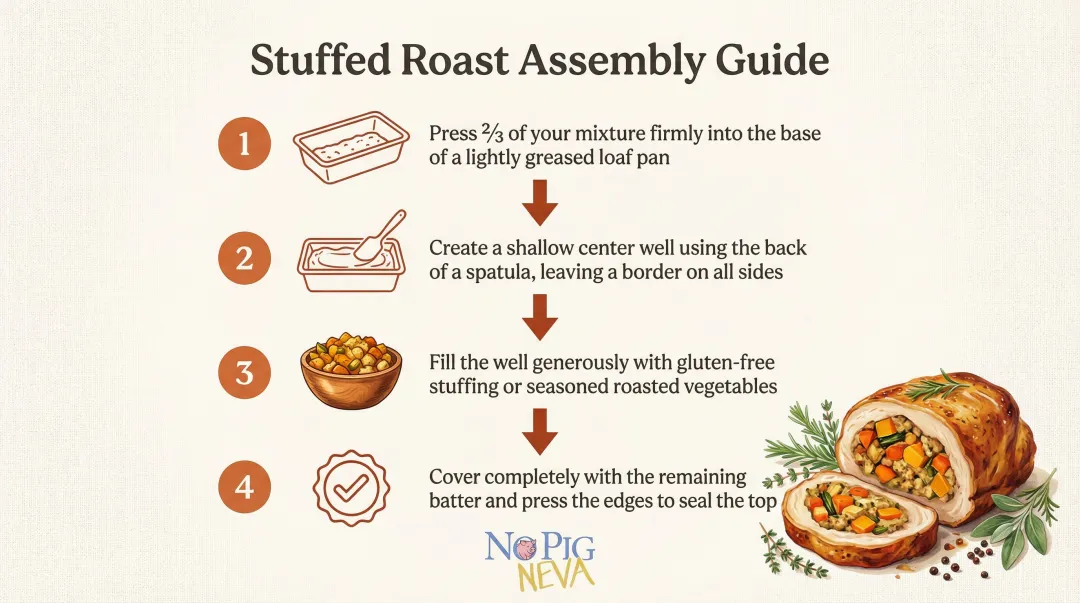 Four-step stuffed vegan turkey roast assembly process flow diagram