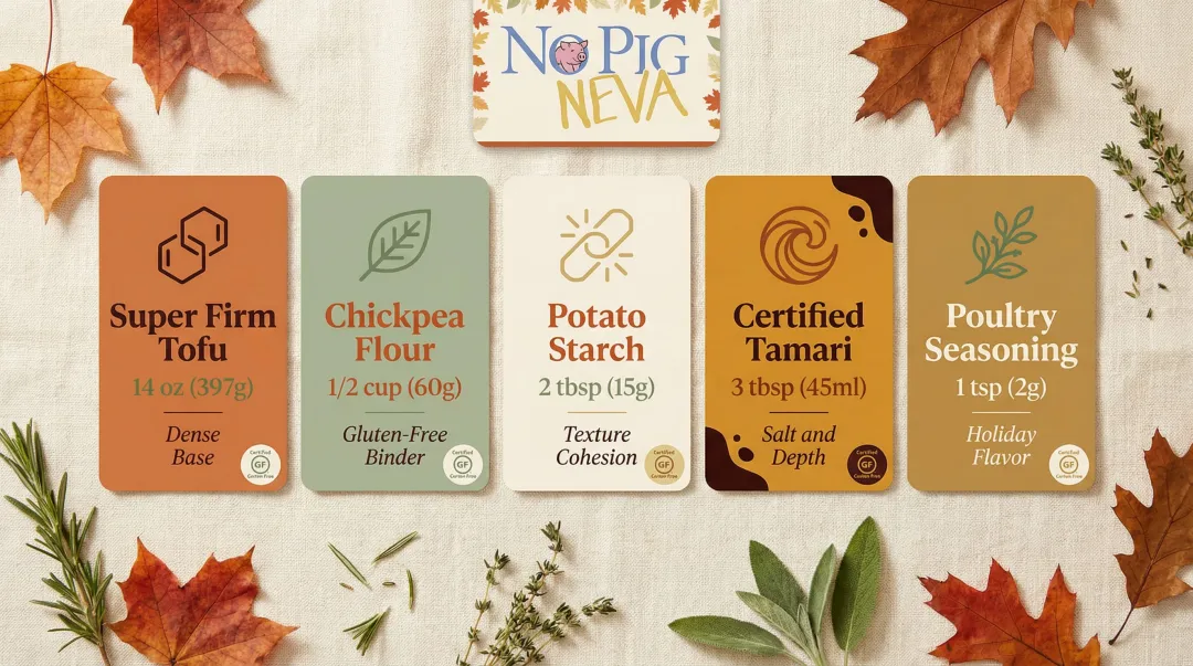 Five core gluten-free vegan turkey roast ingredients with protein and binding roles