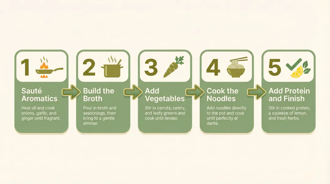 Five-step vegan chicken noodle soup cooking process flow diagram