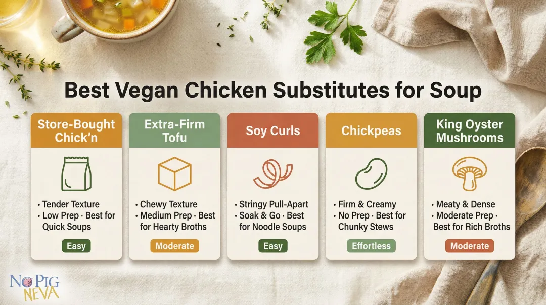 Five vegan chicken substitutes for soup comparison with texture and prep level