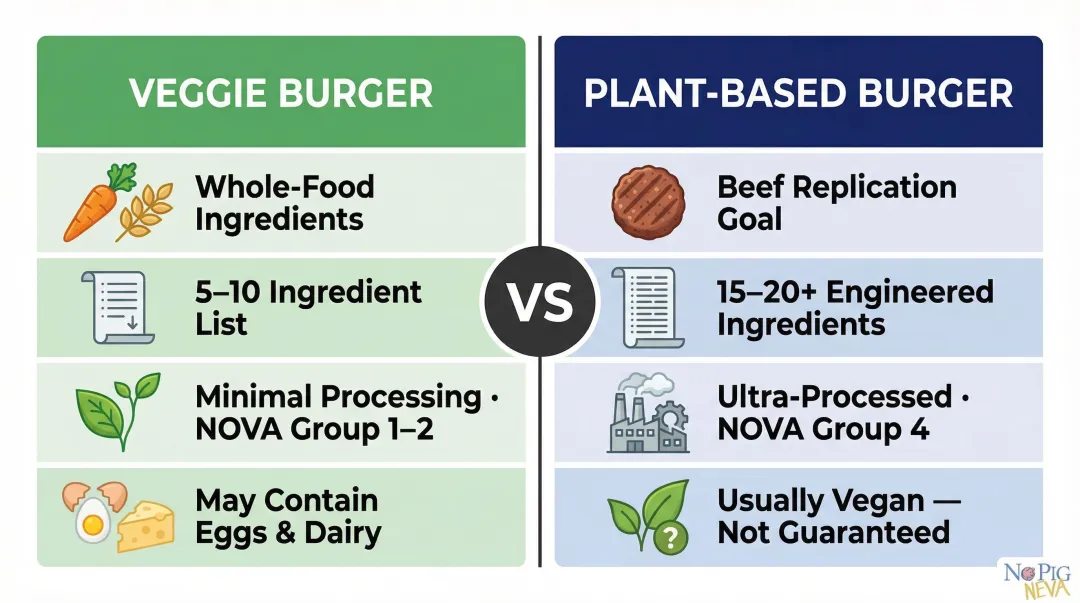 Veggie burger versus plant-based burger side-by-side differences comparison infographic