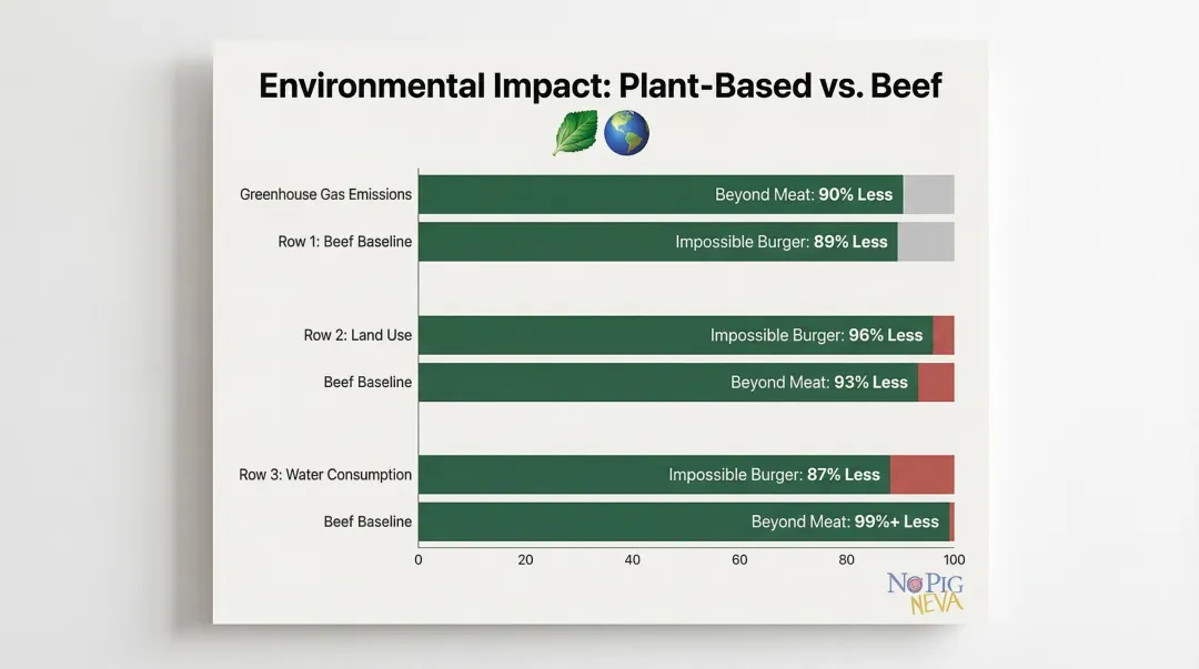 Plant-based burger environmental impact reduction versus beef across three categories infographic