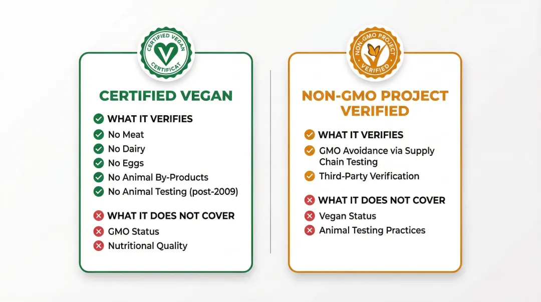 Certified Vegan versus Non-GMO Project Verified certification standards comparison chart