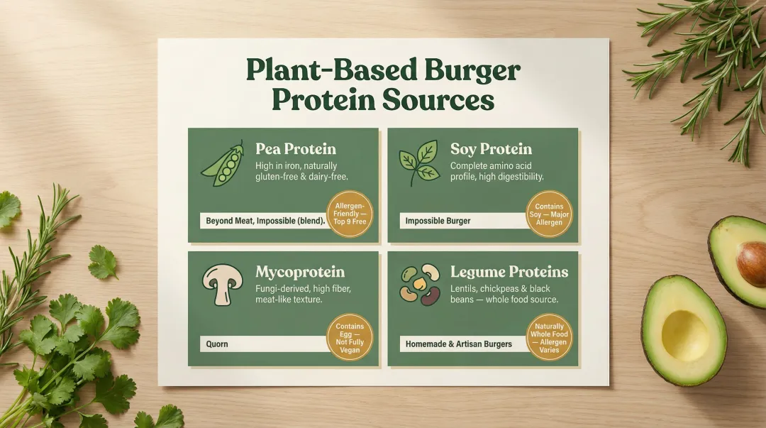 Plant-based burger protein sources comparison including pea soy and mycoprotein