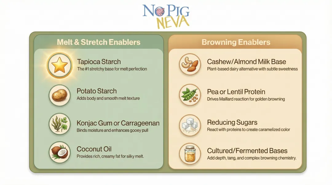 Key vegan mozzarella ingredients enabling melt stretch and browning on pizza