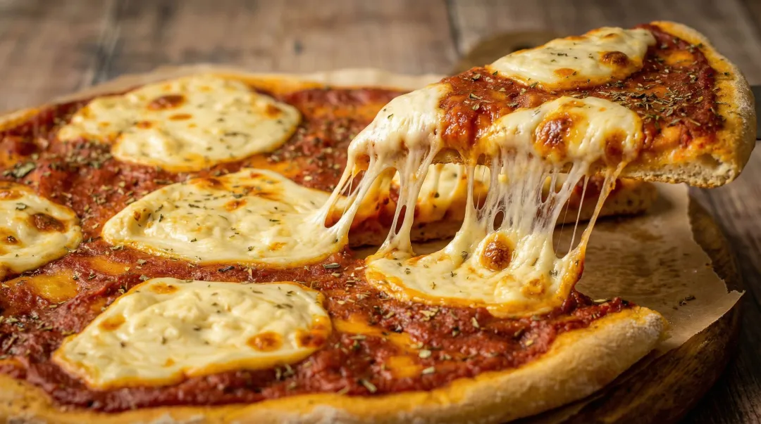 Vegan pizza with melted mozzarella showing golden brown bubbles and stretch