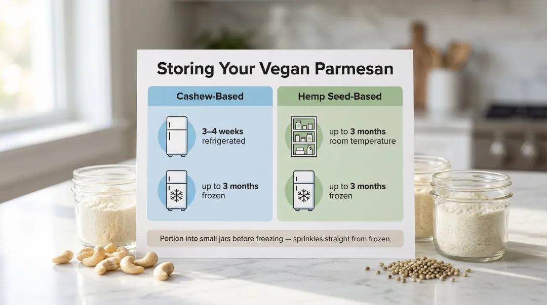 Vegan parmesan storage guide comparing cashew and hemp seed shelf life