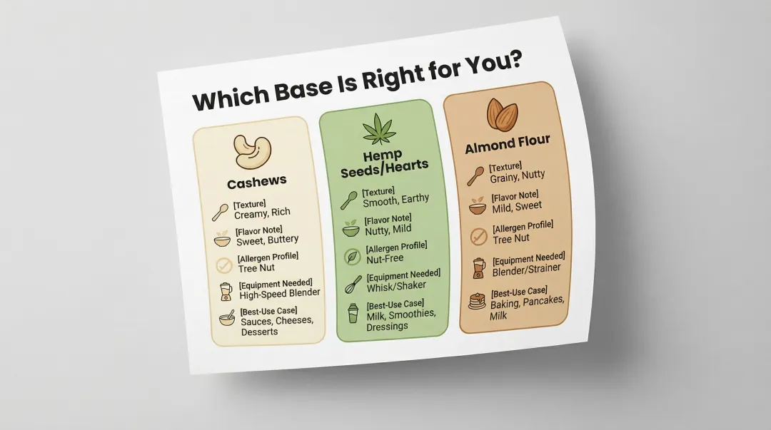 Cashews hemp seeds almond flour vegan parmesan base ingredient comparison chart