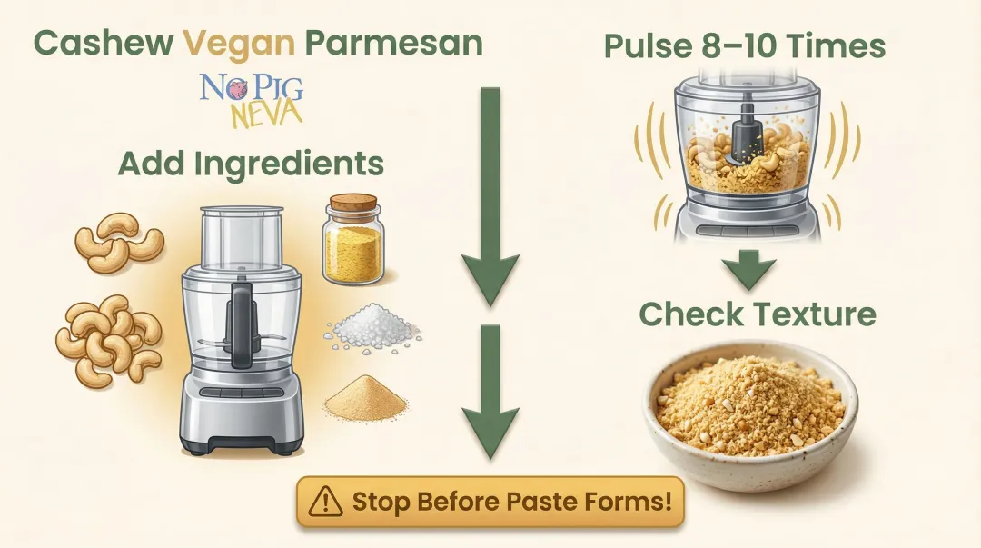 3-step cashew vegan parmesan blending process infographic with food processor