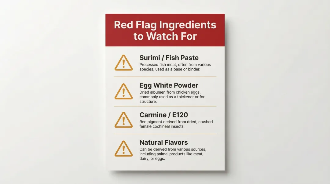 Hidden animal ingredients warning checklist for imitation crab label reading
