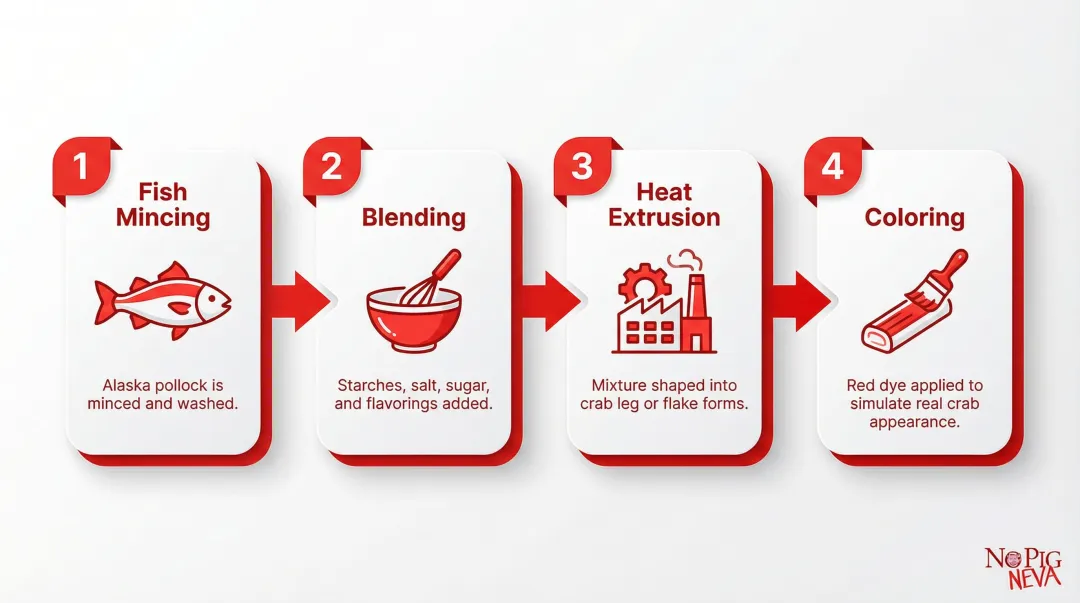 4-step imitation crab manufacturing process from fish paste to finished product