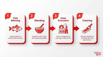 4-step imitation crab manufacturing process from fish paste to finished product