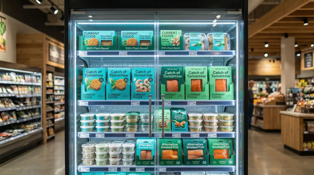 Commercial vegan crab cakes plant-based seafood products on retail store shelf