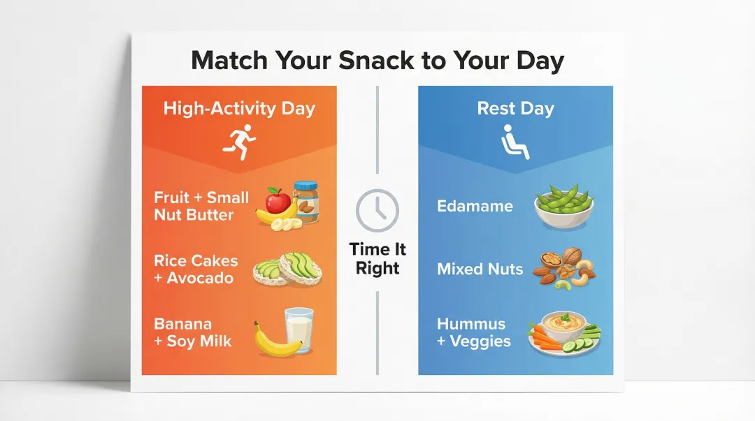 Activity-based plant-based snack timing guide for high activity versus rest days