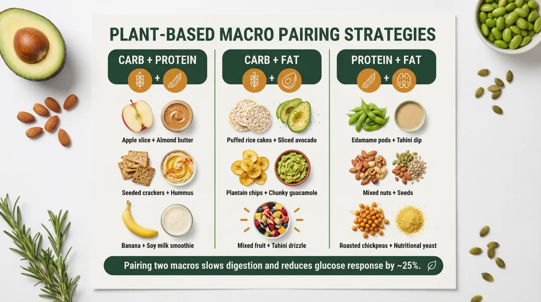 Three plant-based macronutrient pairing combinations for balanced snacking infographic