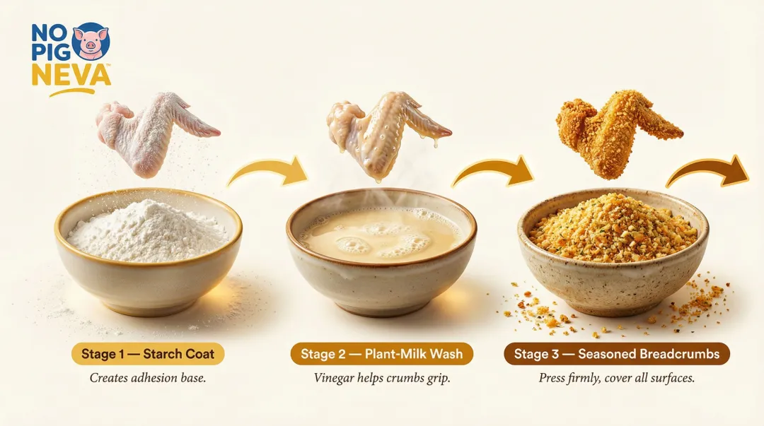 Three-stage vegan wing breading process starch wash breadcrumbs dredging station