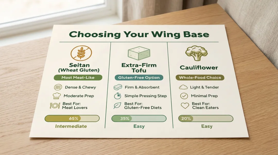 Three plant-based wing base options seitan tofu cauliflower comparison chart