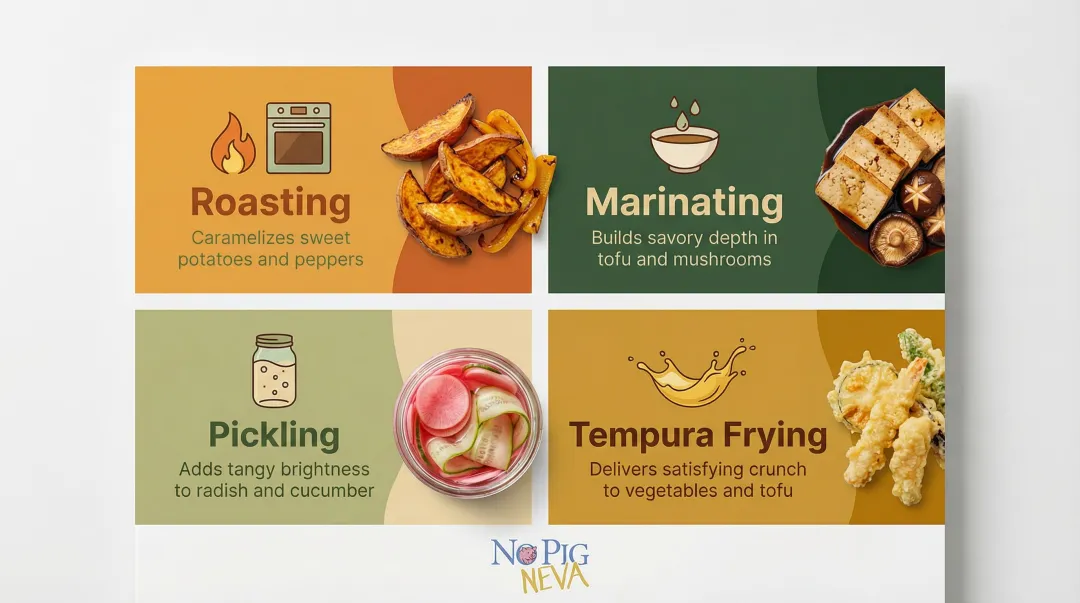 4 plant-based sushi ingredient prep methods roasting marinating pickling frying