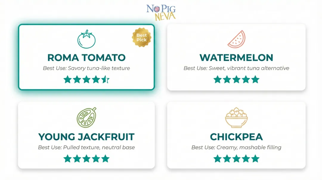 Four vegan tuna alternatives comparison chart with best use cases