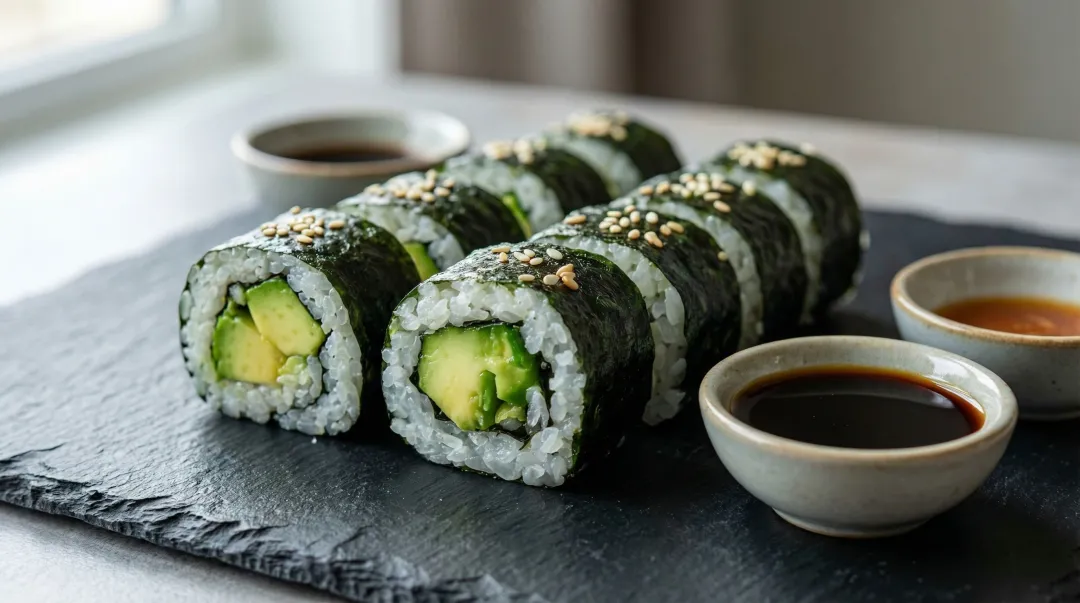 Sliced vegan tuna sushi rolls plated with soy sauce sesame seeds and garnish