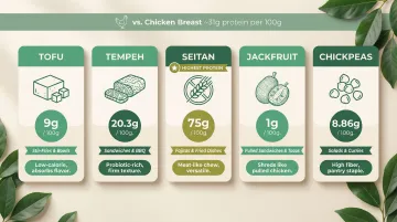 Plant-based chicken breast alternatives protein comparison chart tofu tempeh seitan jackfruit chickpeas