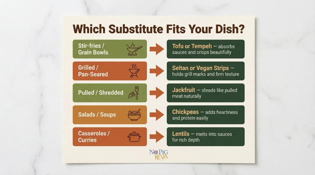 Chicken breast substitute selection guide matching dish type to plant-based protein alternative
