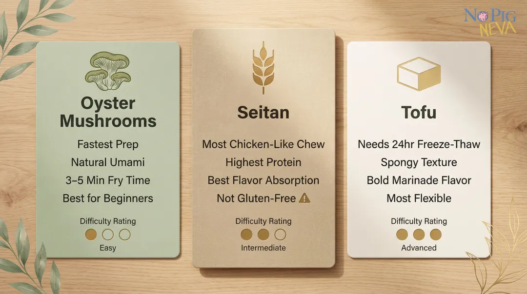Three vegan fried chicken bases oyster mushroom seitan tofu comparison chart