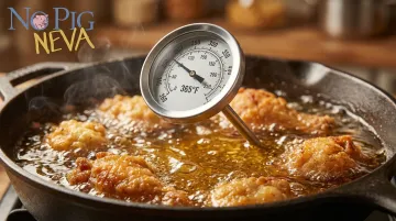 Cooking thermometer in hot frying oil measuring precise temperature for crispy chicken
