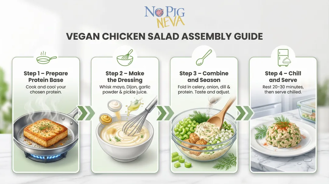 Four-step vegan chicken salad assembly process from protein prep to serving
