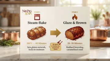 Two-stage Christmas seitan roast baking process from steam to glazed finish