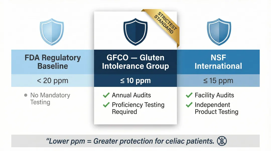 Gluten-free certification standards comparison chart GFCO NSF FDA thresholds