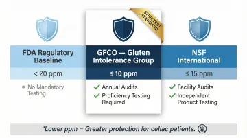 Gluten-free certification standards comparison chart GFCO NSF FDA thresholds
