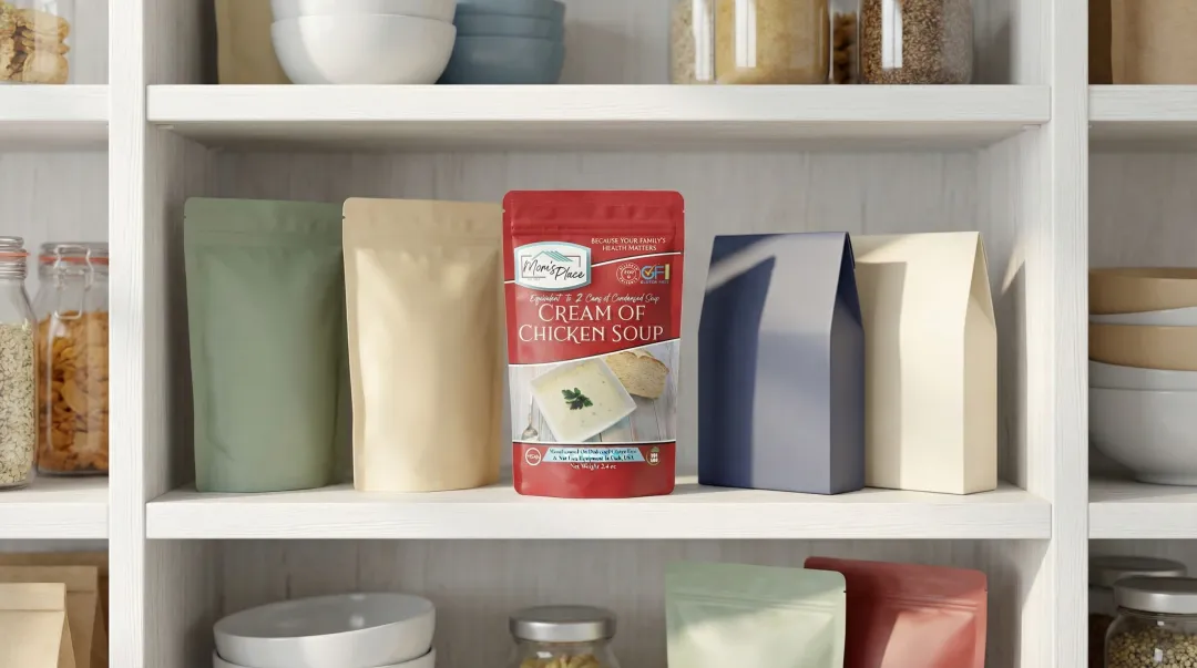 Store-bought vegan condensed soup mix products on grocery store shelf