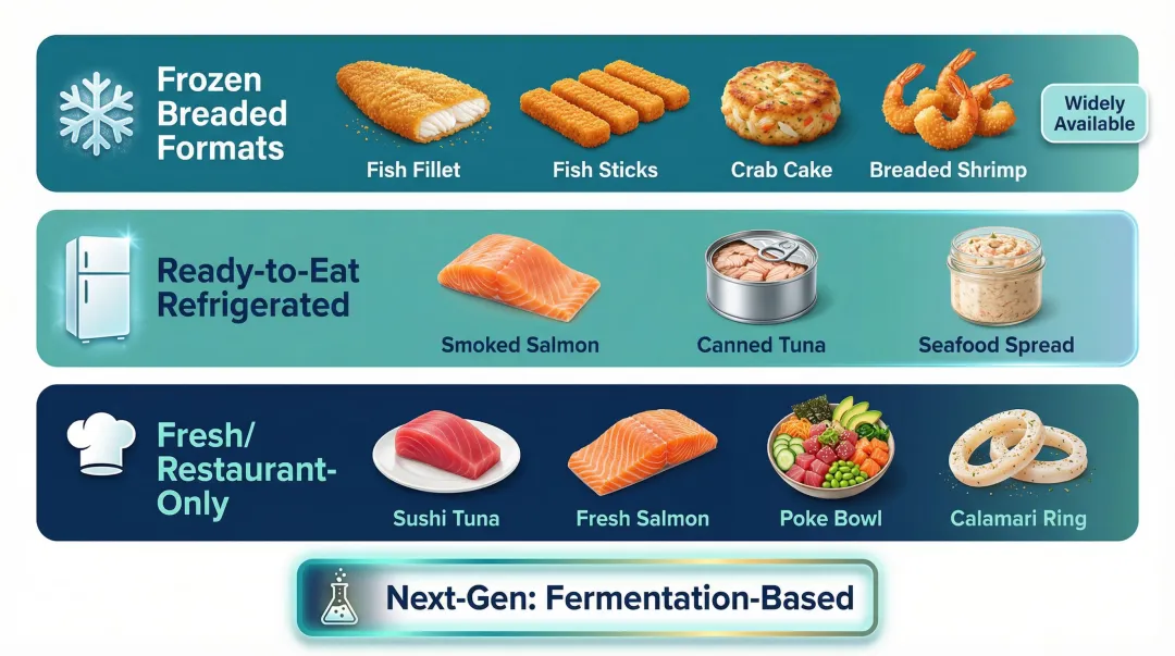 Plant-based seafood product formats from frozen retail to restaurant-grade sushi cuts