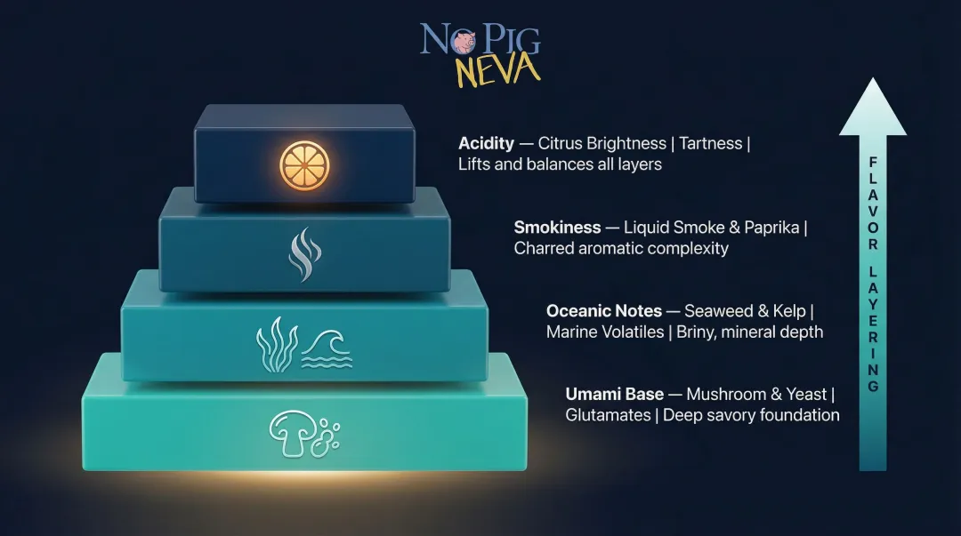 Four-layer plant-based seafood flavor mimicry process from umami to acidity