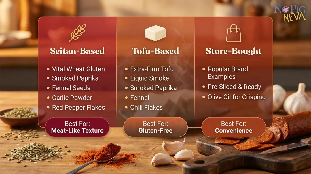 Three vegan pepperoni options comparison seitan tofu and store-bought side by side
