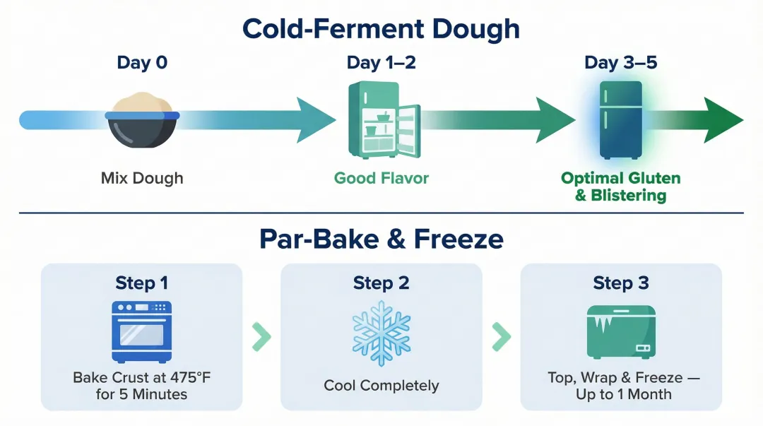 Vegan pizza make-ahead prep timeline showing dough fermentation and par-bake freezing steps